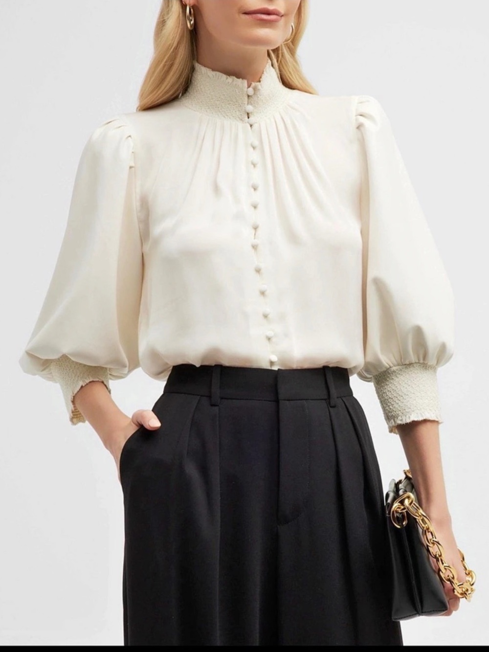 alice + olivia carmine smocked blouse ivory faux leather puff sleeves